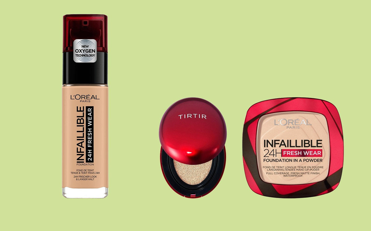 L'Oréal Infaillible 24H Fresh Wear foundation, TIRTIR Mask Fit Red Cushion og L'Oréal Infaillible Foundation in a Powder på lysegrøn baggrund