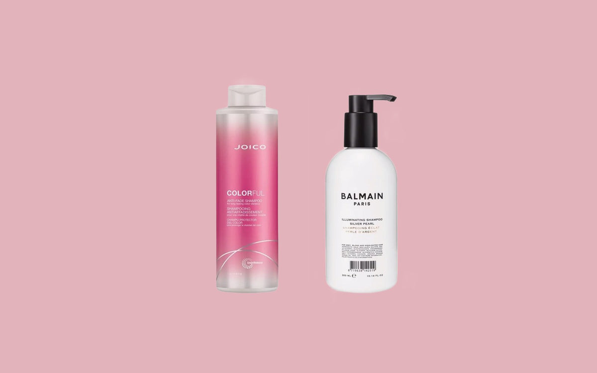 Joico Colorful Anti-Fade Shampoo i literflaske og Balmain Illuminating Shampoo Silver Pearl på lyserød baggrund