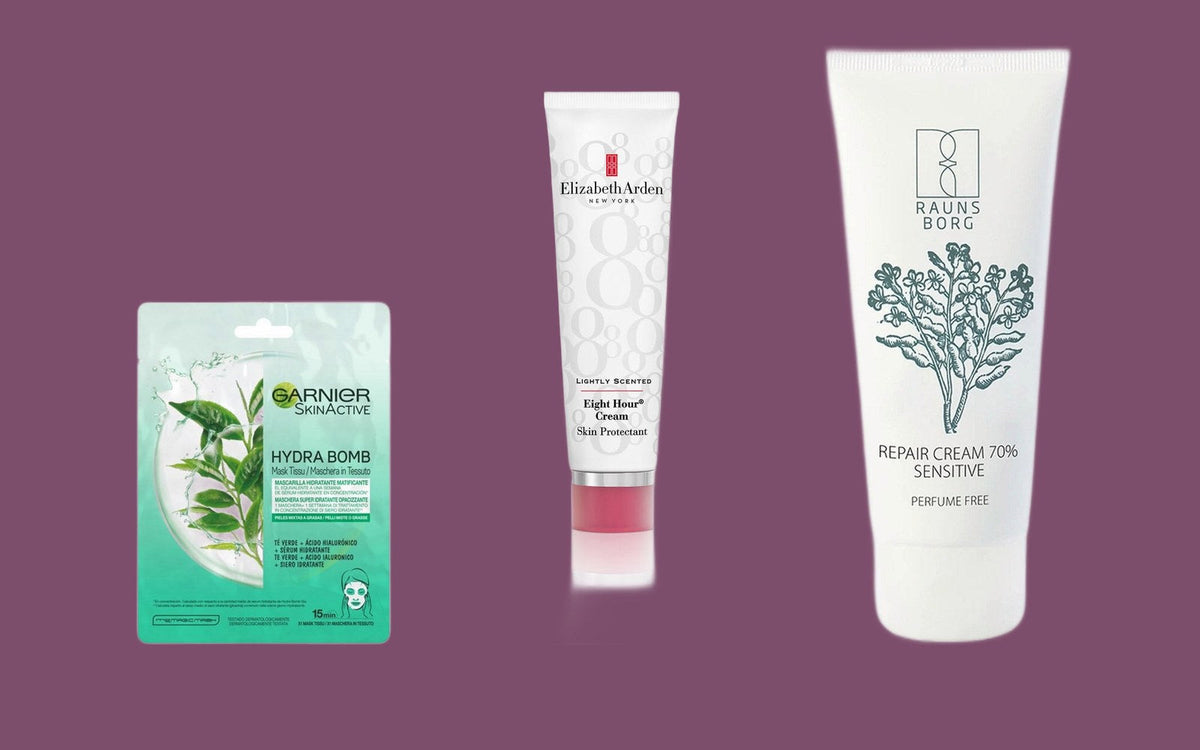 Garnier Moisture Bomb sheetmaske, Elizabeth Arden Eight Hour Cream og Raunsborg Sensitive Repair Cream på blomme baggrund